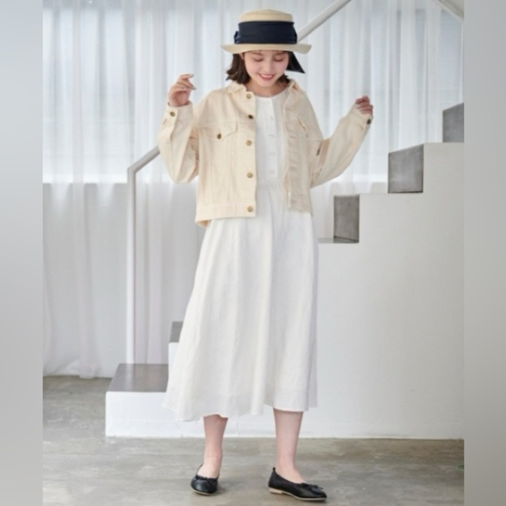 Majestic Legon Cropped Jean Jacket Size M Ivory Japan Kawaii Spring Summer - Picture 4 of 5